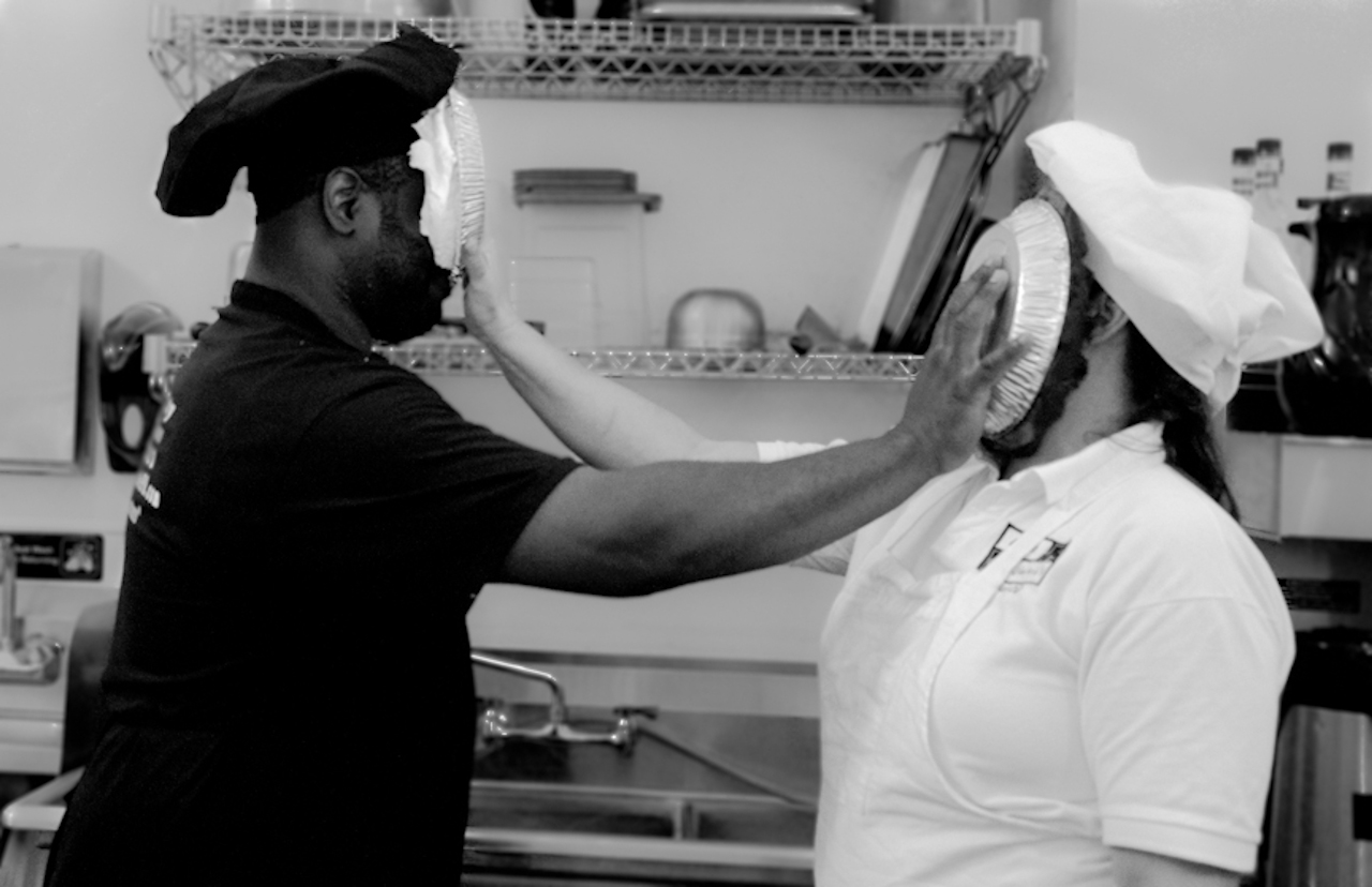black and white pies in face